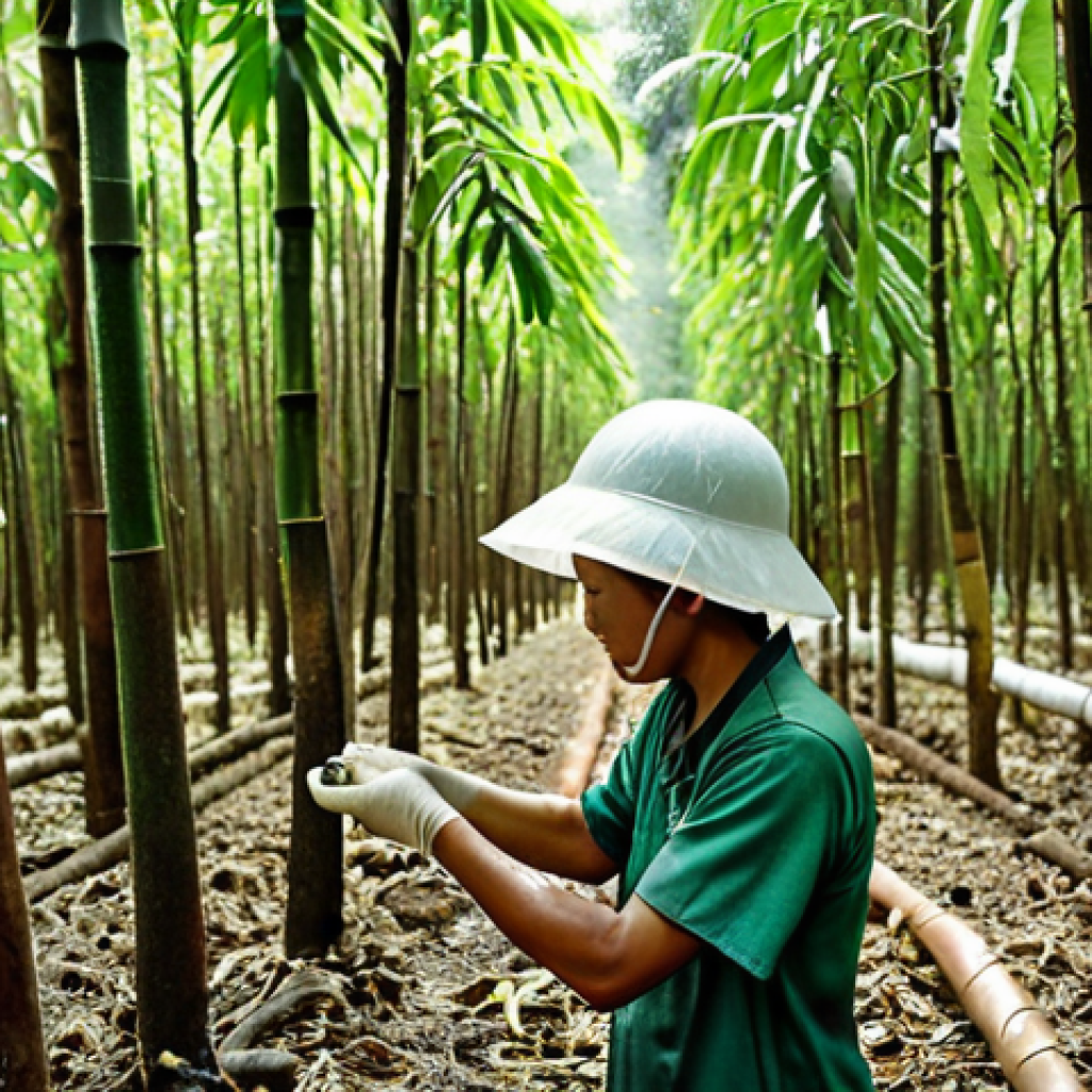**

A lush, sun-drenched Malaysian rubber plantation. Workers delicately tapping Hevea trees, collecting the flowing white latex into small containers. Focus on the traditional methods and the expertise of the workers.

**
