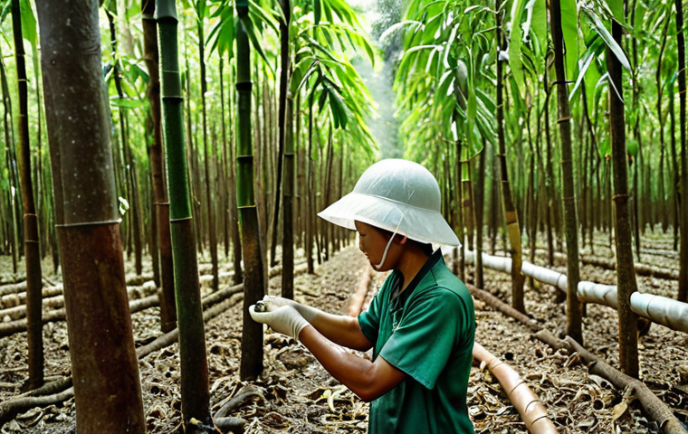 **

A lush, sun-drenched Malaysian rubber plantation. Workers delicately tapping Hevea trees, collecting the flowing white latex into small containers. Focus on the traditional methods and the expertise of the workers.

**
