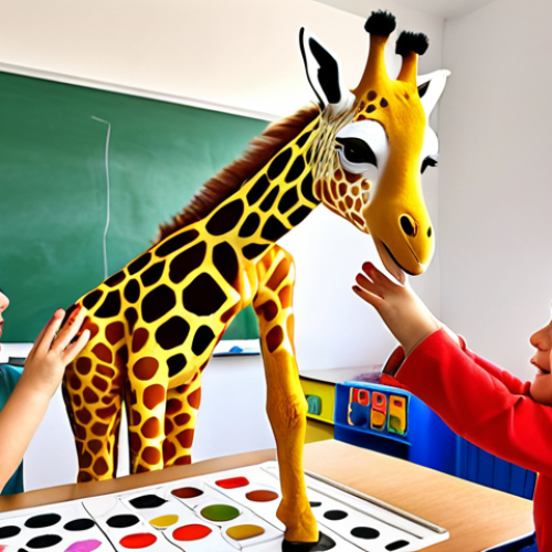**

A group of young children in a brightly colored maternelle classroom, gathered around a teacher. The teacher is holding Sophie la Girafe, and the children are reaching out to touch her, exploring her different textures (smooth body, bumpy spots). Some children are blindfolded for a tactile learning game.

**