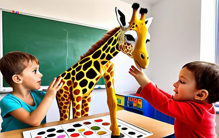 **

A group of young children in a brightly colored maternelle classroom, gathered around a teacher. The teacher is holding Sophie la Girafe, and the children are reaching out to touch her, exploring her different textures (smooth body, bumpy spots). Some children are blindfolded for a tactile learning game.

**