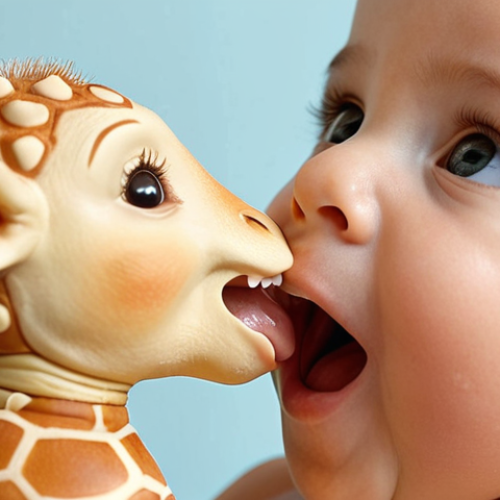 **A baby happily chewing on Sophie la Girafe, focusing on the relief it provides for teething gums. Soft lighting, close-up shot.**