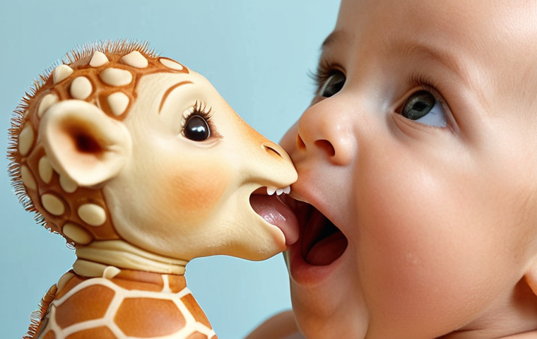 **A baby happily chewing on Sophie la Girafe, focusing on the relief it provides for teething gums. Soft lighting, close-up shot.**