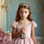**

A young girl (like Sophie) in a romantic, elegant pastel pink dress made of lace and velvet, accessorized with a pearl necklace and a tiara. She is holding a small, decorative handbag. The background is a fairytale-like setting with soft lighting.

**