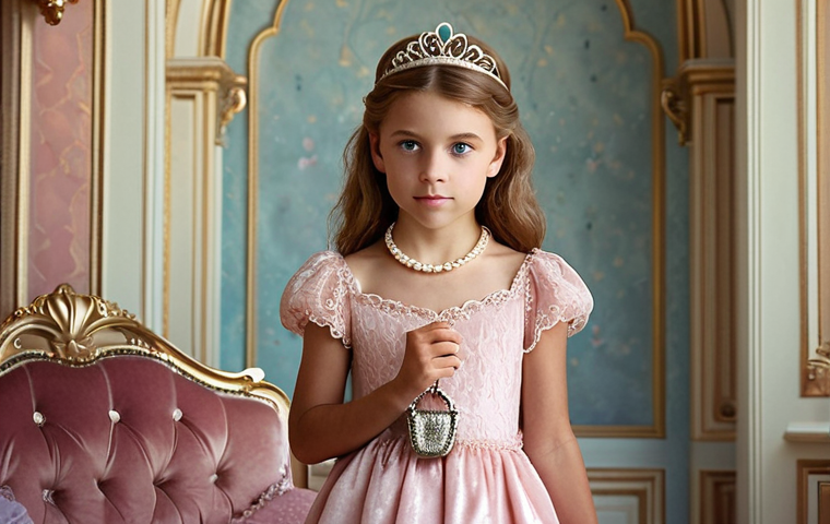 **

A young girl (like Sophie) in a romantic, elegant pastel pink dress made of lace and velvet, accessorized with a pearl necklace and a tiara. She is holding a small, decorative handbag. The background is a fairytale-like setting with soft lighting.

**