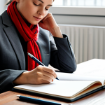 A woman, mid-30s, sitting at a sleek modern wooden desk, focused and contemplative, writing in a notebook. She is dressed in a modest, elegant business suit in a charcoal grey, with a subtle vibrant red accent scarf. Sunlight streams through a large window, highlighting an open notebook filled with abstract, colorful sketches and conceptual ideas. A tablet nearby displays vibrant, abstract art. Professional photography, high resolution, soft natural lighting, perfect anatomy, correct proportions, natural pose, well-formed hands, proper finger count, natural body proportions. Safe for work, appropriate content, fully clothed, professional, modest.