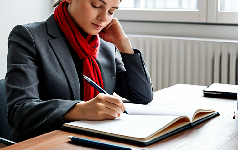 A woman, mid-30s, sitting at a sleek modern wooden desk, focused and contemplative, writing in a notebook. She is dressed in a modest, elegant business suit in a charcoal grey, with a subtle vibrant red accent scarf. Sunlight streams through a large window, highlighting an open notebook filled with abstract, colorful sketches and conceptual ideas. A tablet nearby displays vibrant, abstract art. Professional photography, high resolution, soft natural lighting, perfect anatomy, correct proportions, natural pose, well-formed hands, proper finger count, natural body proportions. Safe for work, appropriate content, fully clothed, professional, modest.