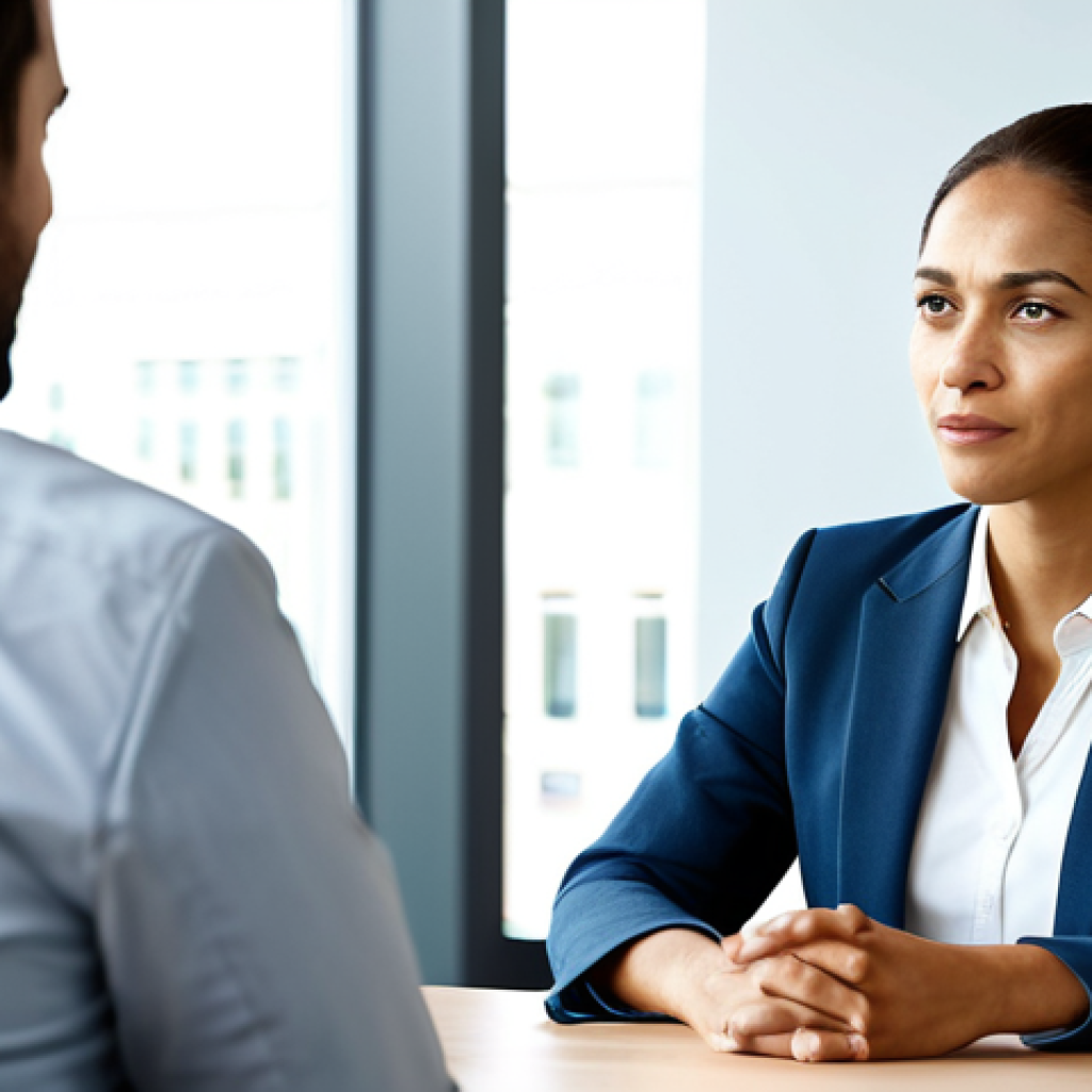 A professional woman in a modest business suit actively listening to a male colleague in professional business attire, seated at a sleek modern conference table in a well-lit corporate office. She maintains open body language, a natural pose, and a compassionate expression, demonstrating deep engagement and empathy. The scene is calm and focused, highlighting effective communication and mutual respect. Safe for work, appropriate content, fully clothed, professional, perfect anatomy, correct proportions, well-formed hands, natural body proportions, high-resolution, professional photography.