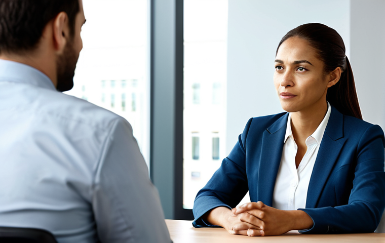 A professional woman in a modest business suit actively listening to a male colleague in professional business attire, seated at a sleek modern conference table in a well-lit corporate office. She maintains open body language, a natural pose, and a compassionate expression, demonstrating deep engagement and empathy. The scene is calm and focused, highlighting effective communication and mutual respect. Safe for work, appropriate content, fully clothed, professional, perfect anatomy, correct proportions, well-formed hands, natural body proportions, high-resolution, professional photography.