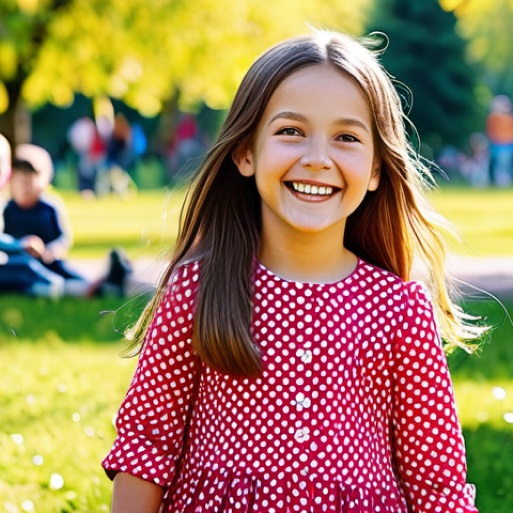 **
"A cheerful young girl, resembling Sophie Ruby, with a bright smile, wearing modest, colorful clothing, in a sunny park surrounded by other happy children playing, fully clothed, appropriate content, safe for work, perfect anatomy, natural proportions, family-friendly illustration, high quality."
**
