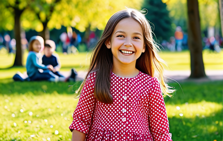 **

"A cheerful young girl, resembling Sophie Ruby, with a bright smile, wearing modest, colorful clothing, in a sunny park surrounded by other happy children playing, fully clothed, appropriate content, safe for work, perfect anatomy, natural proportions, family-friendly illustration, high quality."

**