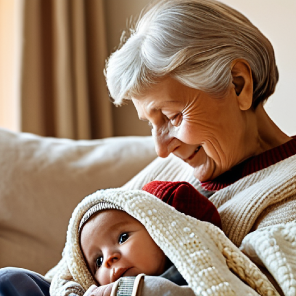 Intergenerational Connection**

"A grandmother gently handing a Sophie la Girafe to her infant grandchild. The grandmother is wearing a comfortable, modest sweater and the baby is swaddled in a soft blanket.  Background is a warmly lit, cozy living room.  Fully clothed, appropriate content, safe for work, family-friendly, perfect anatomy, natural proportions, soft focus, heartwarming scene."

**