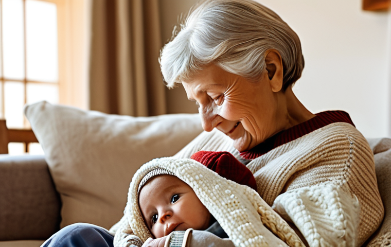 Intergenerational Connection**

"A grandmother gently handing a Sophie la Girafe to her infant grandchild. The grandmother is wearing a comfortable, modest sweater and the baby is swaddled in a soft blanket.  Background is a warmly lit, cozy living room.  Fully clothed, appropriate content, safe for work, family-friendly, perfect anatomy, natural proportions, soft focus, heartwarming scene."

**