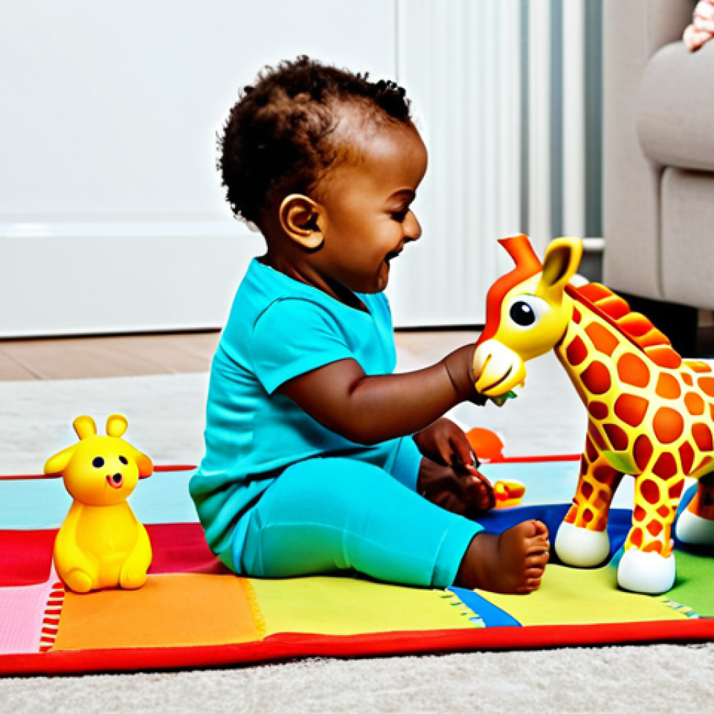소피루비 어린이 심리와 연관 - "A baby happily playing with a Sophie la girafe toy on a colorful playmat, surrounded by other age-a...
