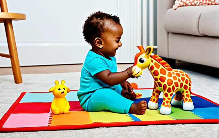 소피루비 어린이 심리와 연관 - "A baby happily playing with a Sophie la girafe toy on a colorful playmat, surrounded by other age-a...