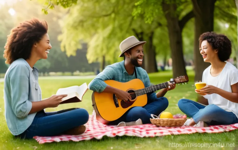 소피루비 유튜브 채널 성장 전략 - A serene outdoor scene featuring a diverse group of friends enjoying a picnic in a sun-dappled park....