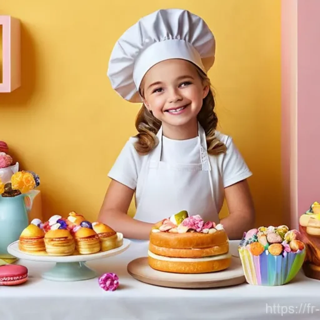 소피루비 속의 문화적 상징 - **Prompt: A joyful young girl, Sophie, dressed as a skilled pastry chef. She is wearing a clean, whi...