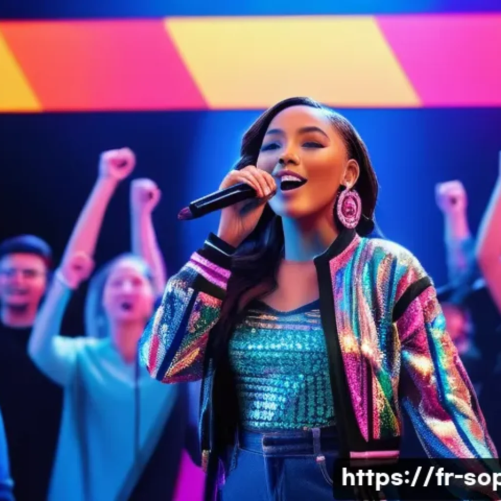 소피루비의 해외 팬덤 - A vibrant digital concert scene featuring a charismatic female pop singer performing on stage with d...