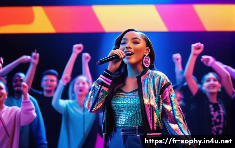소피루비의 해외 팬덤 - A vibrant digital concert scene featuring a charismatic female pop singer performing on stage with d...