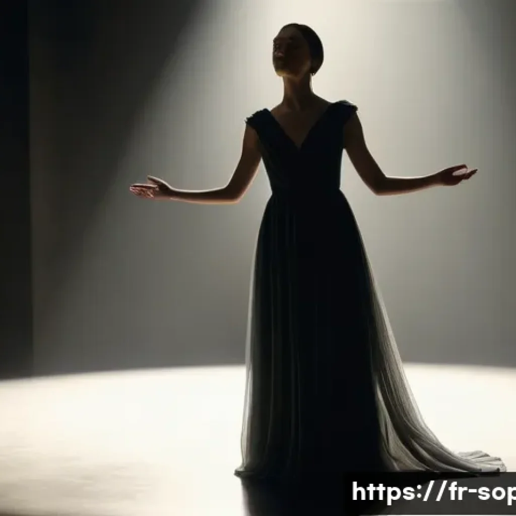 소피루비 명장면 분석 - A theatrical scene featuring a female performer in evocative attire, wearing a flowing, delicate dre...