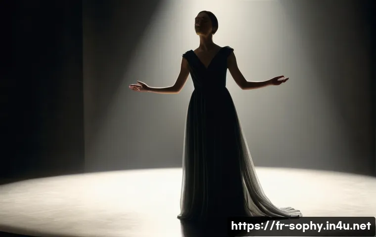 소피루비 명장면 분석 - A theatrical scene featuring a female performer in evocative attire, wearing a flowing, delicate dre...