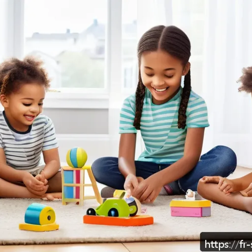 소피루비 장난감 광고 분석 - A vibrant and colorful playroom scene featuring diverse children aged around 5 to 7 playing with Sop...