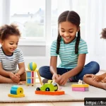 Home 19 소피루비 장난감 광고 분석 - A vibrant and colorful playroom scene featuring diverse children aged around 5 to 7 playing with Sop...