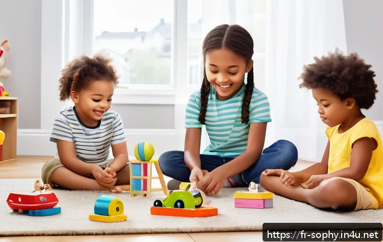 소피루비 장난감 광고 분석 - A vibrant and colorful playroom scene featuring diverse children aged around 5 to 7 playing with Sop...