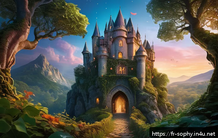 소피루비와 자매 애니메이션 - A vibrant, magical forest scene at twilight with richly detailed colorful foliage, ancient towering ...