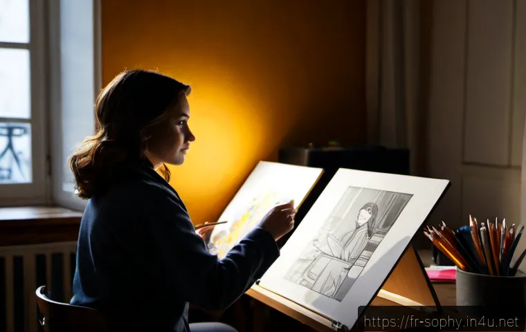 소피루비 주요 연출 기법 - Photorealistic French animation studio workspace in Paris, an adult artist arranging colorful hand-d...