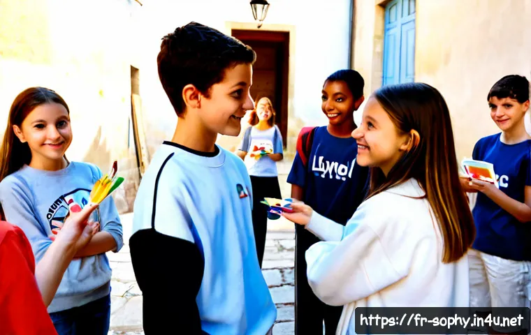 소피루비 속 사회적 메시지 - Photorealistic French middle-school courtyard in Lyon, diverse group of teenagers warmly welcoming a...