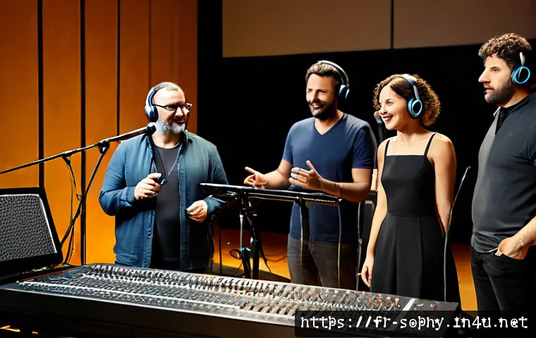 Home 17 소피루비 성우진 - Photorealistic French animation dubbing studio, diverse adult voice actors gathered around microphon...