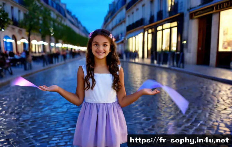 소피루비의 비주얼 효과 - Photorealistic cinematic scene of a cheerful teenage girl in a modest pastel outfit standing on a Pa...